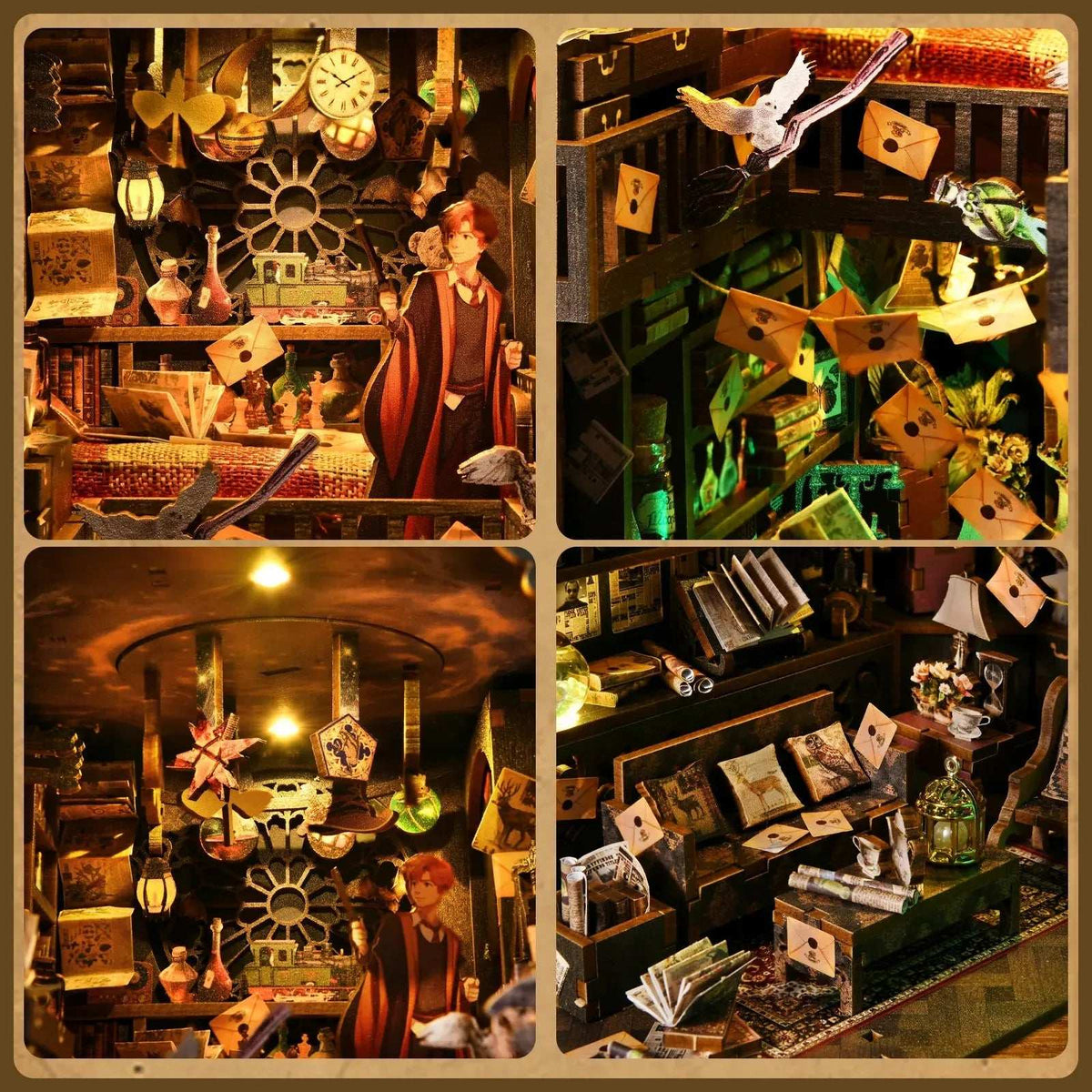 The House of Magic detail collage with wizard figures, floating letters, books and magical objects.