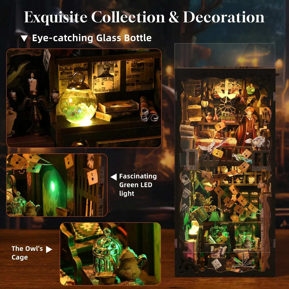 The House of Magic with close-ups of a glowing glass bottle and a green-lit owl cage.