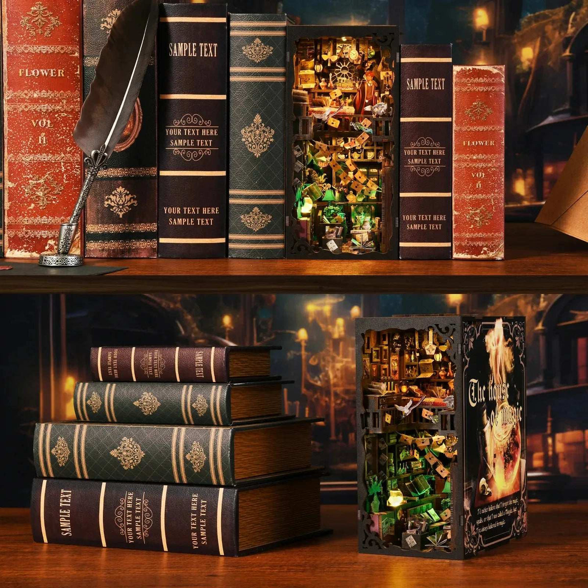 The House of Magic book nook shown between books and beside stacked volumes.