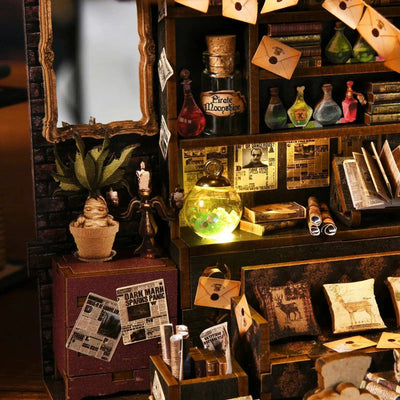 Potion bottles, flying letters, an open book and a glowing green bottle inside The House of Magic.