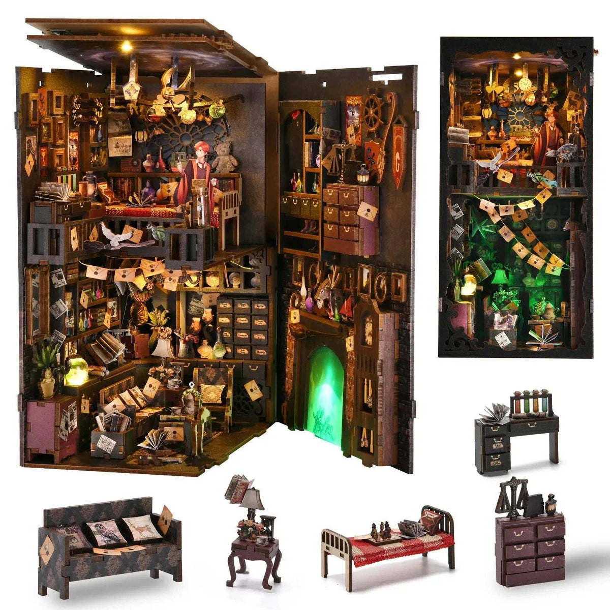The House of Magic opened panels with miniature furniture and accessories pictured below.
