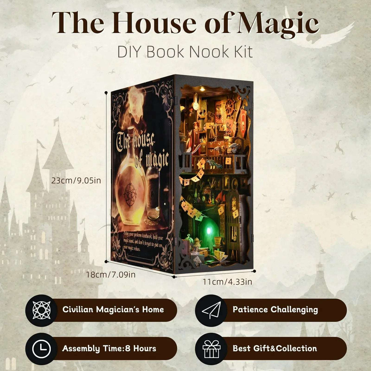 The House of Magic book nook dimension diagram and assembly feature card.