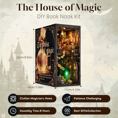 The House of Magic book nook dimension diagram and assembly feature card.