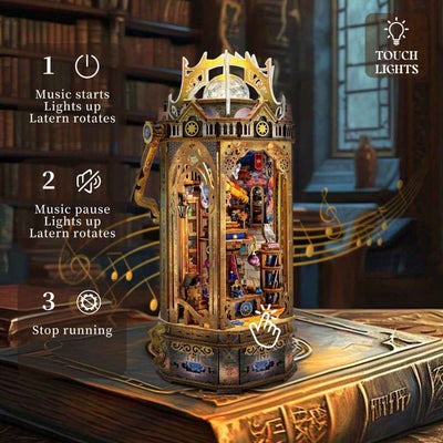 The Lantern of Galaxy feature illustration showing lighting, music and rotation controls.