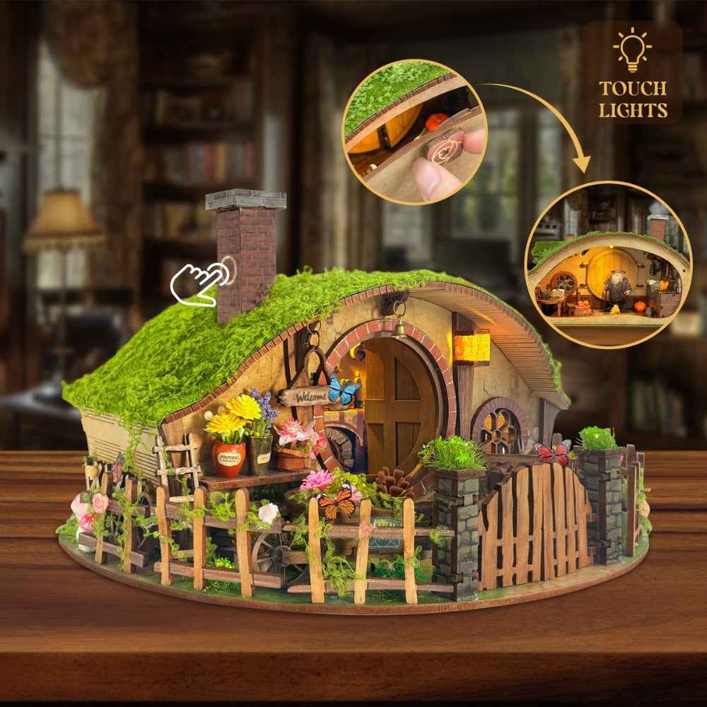 The Magic Ring House with a touch-switch inset and warm light glowing through the round doorway.