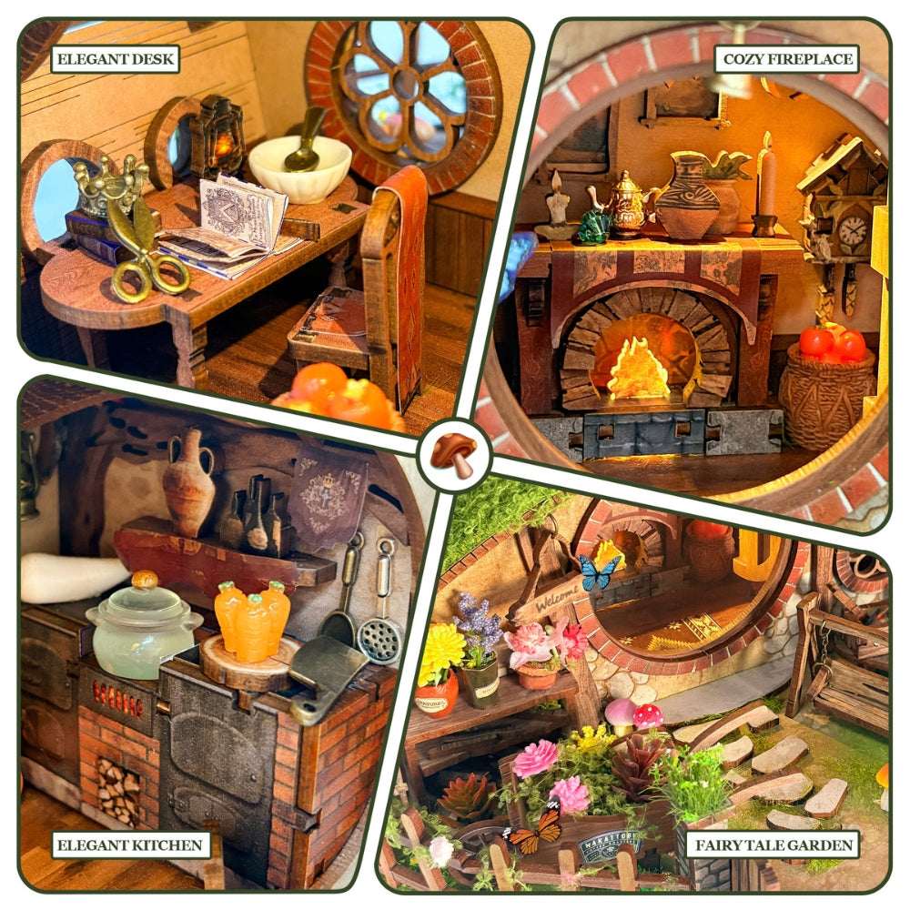 The Magic Ring House details showing a desk, fireplace, kitchen and miniature garden.