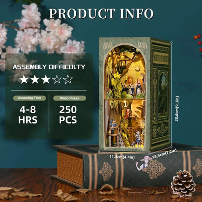 The Wizard of Oz book nook specification card with dimensions, piece count and assembly information.