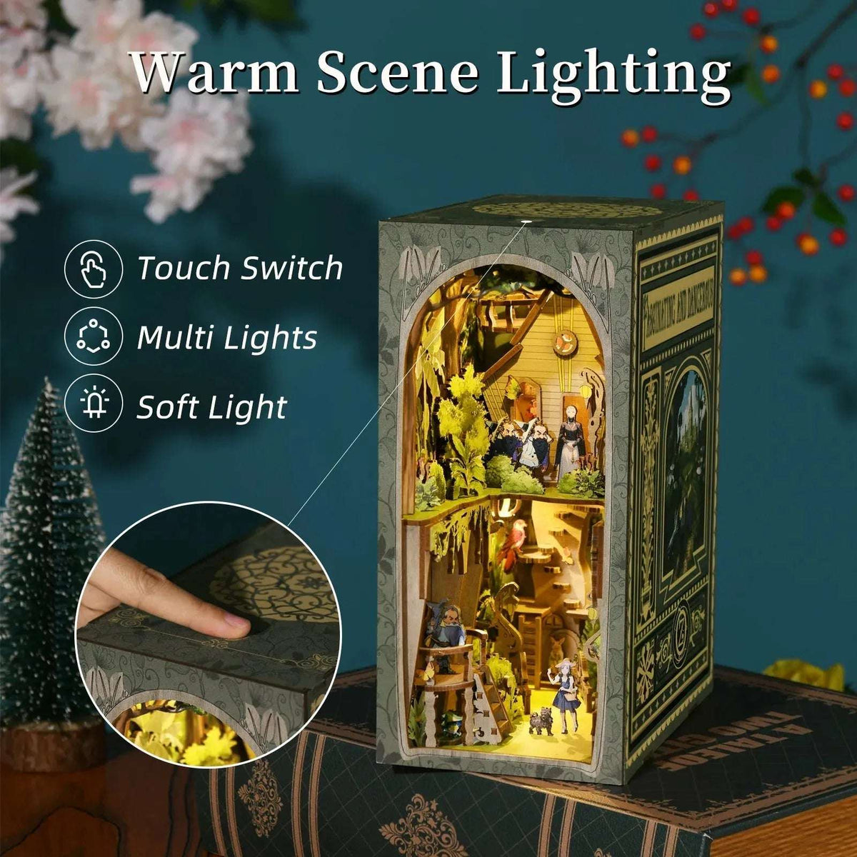 The Wizard of Oz book nook with a close-up of its top touch-lighting switch.
