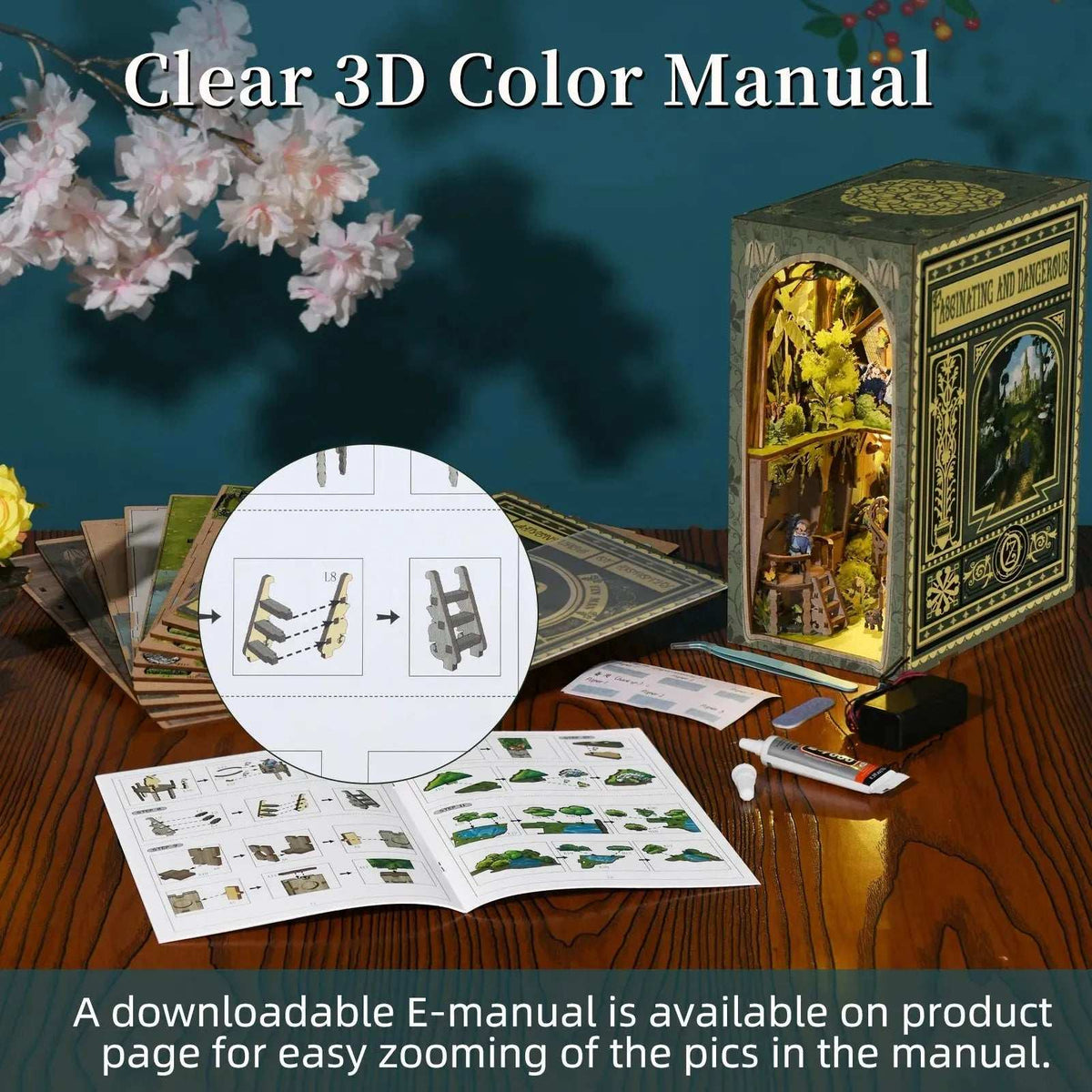 The Wizard of Oz book nook beside illustrated assembly instructions and loose components.
