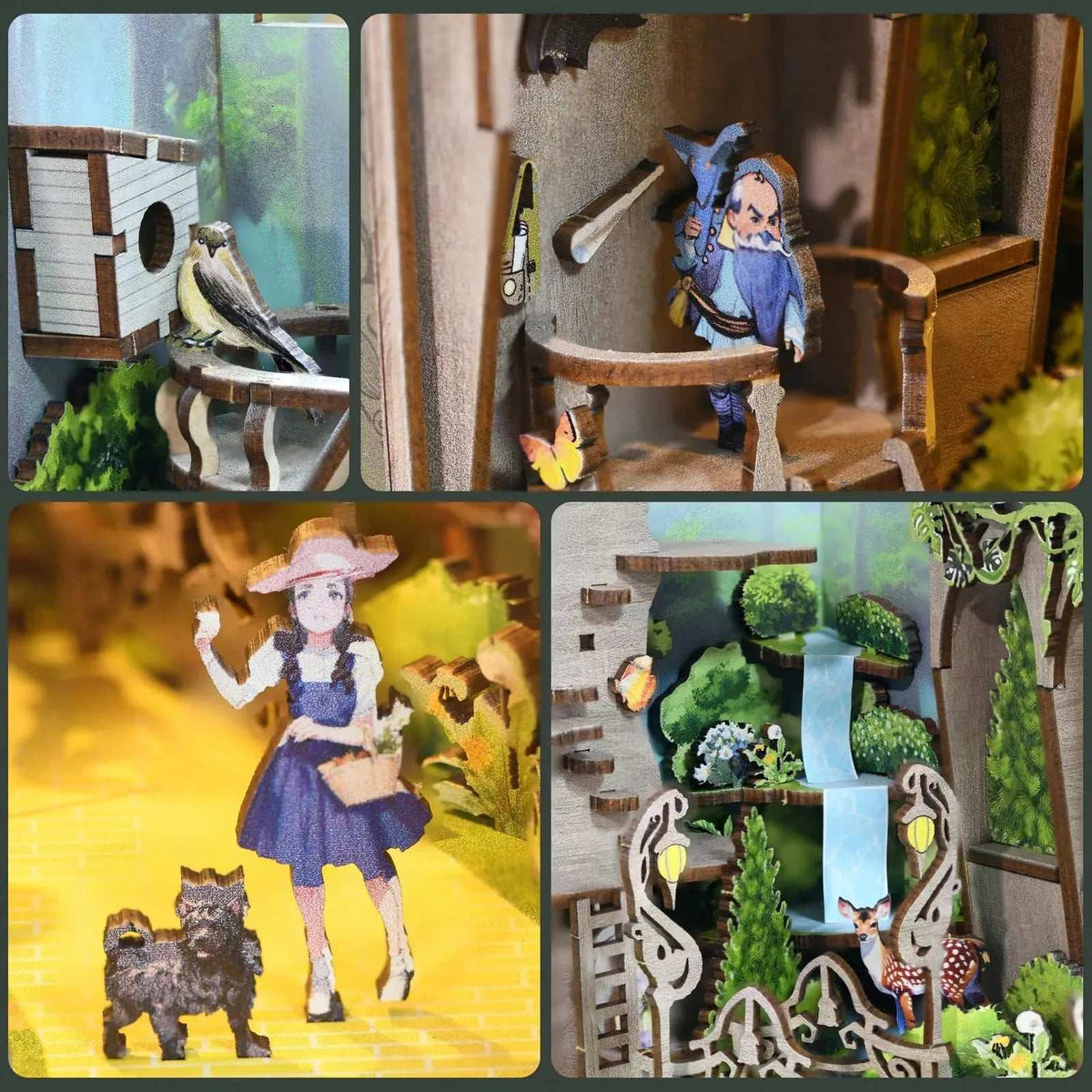 The Wizard of Oz miniature character scenes, with a cottage doorway and green castle details.