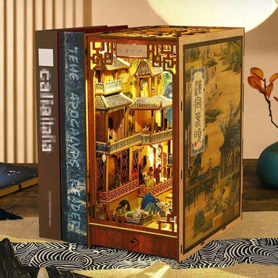 Imperial Court in Han China book nook between books, with golden palace roofs and decorative side panels.