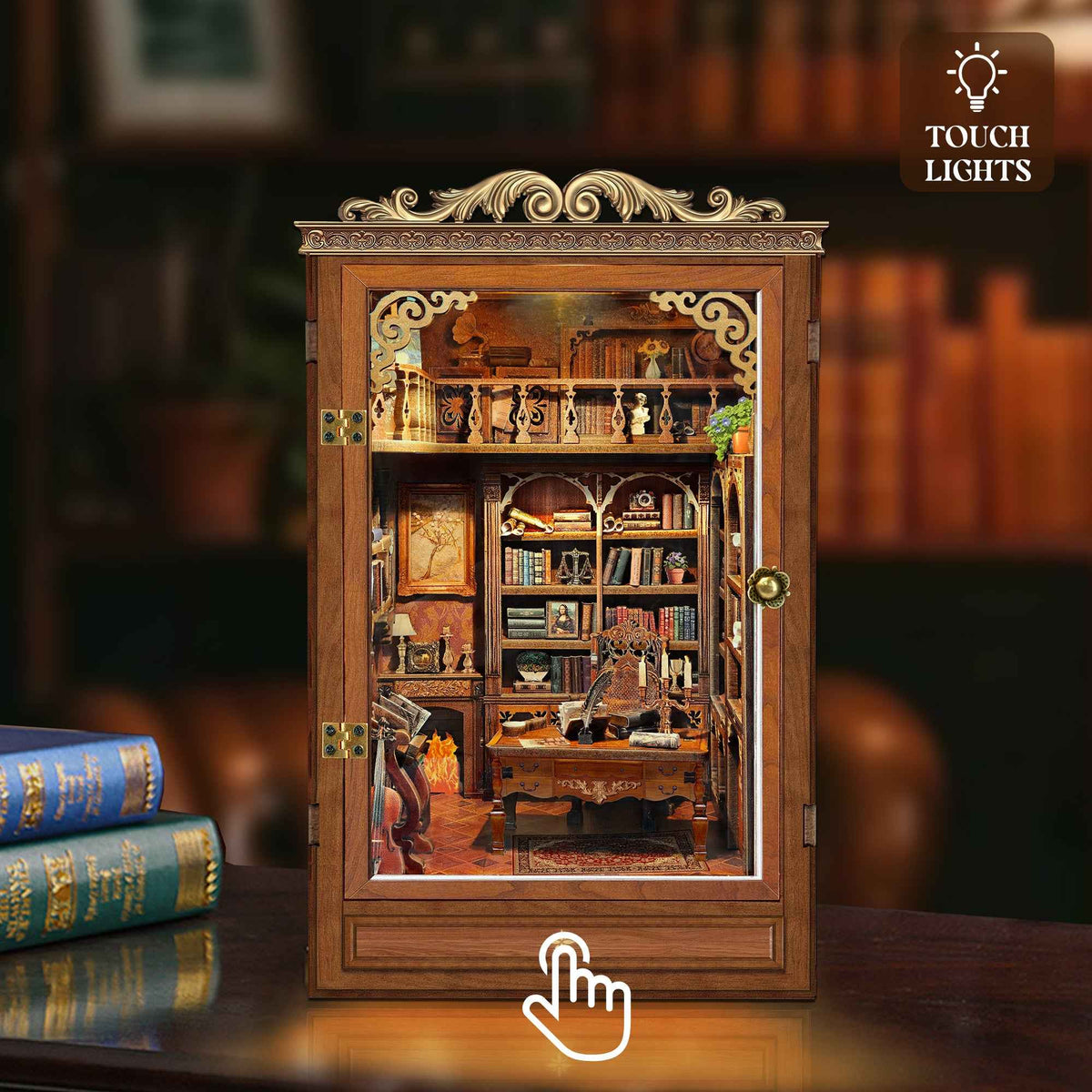Time Book House book nook with a touch-lighting symbol at the front.