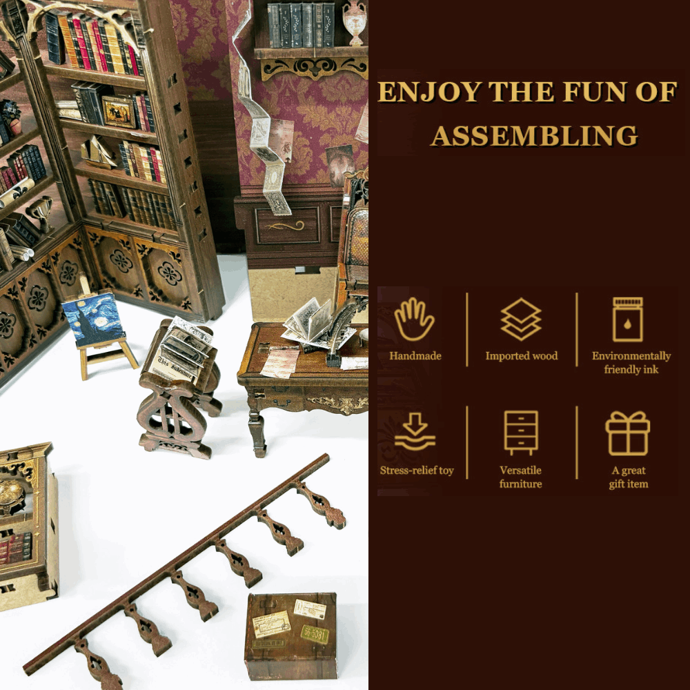 Time Book House miniature bookshelves, desk, chair and railing pieces laid out for assembly.