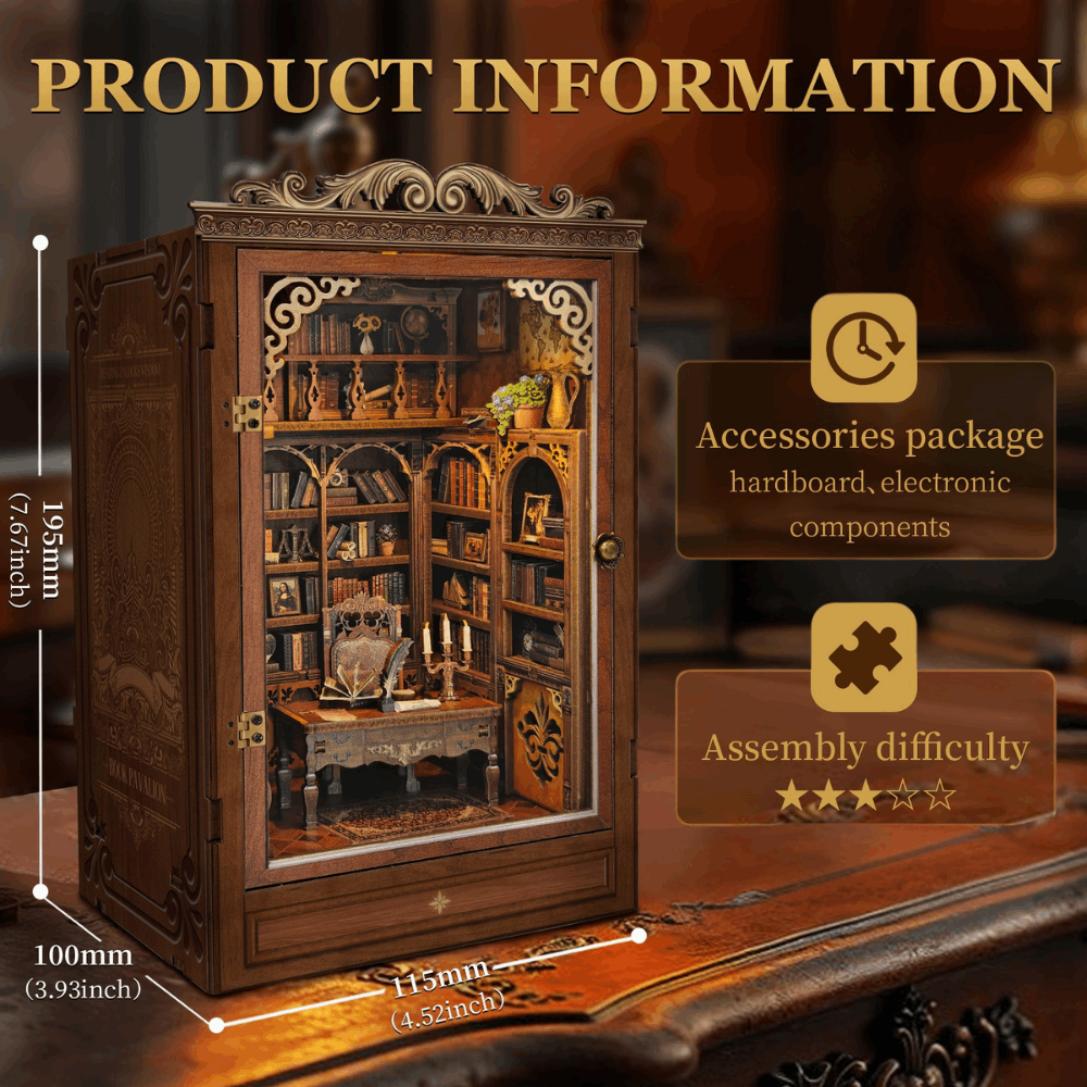Time Book House product information card with finished dimensions.