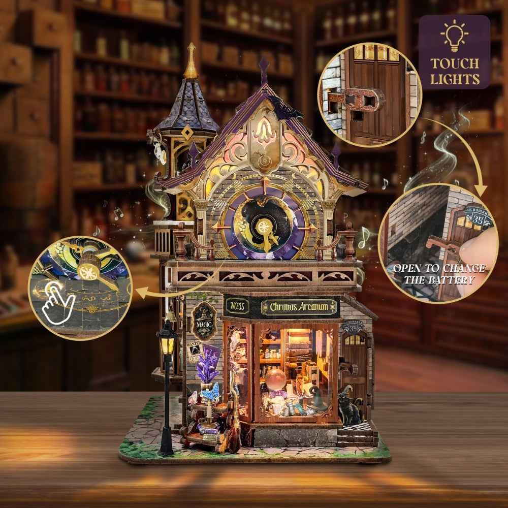 Time Magic Club with close-ups of the touch light and opening battery compartment.