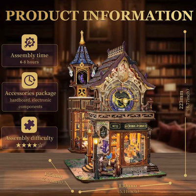 Time Magic Club specification diagram showing the miniature clock-tower shop.