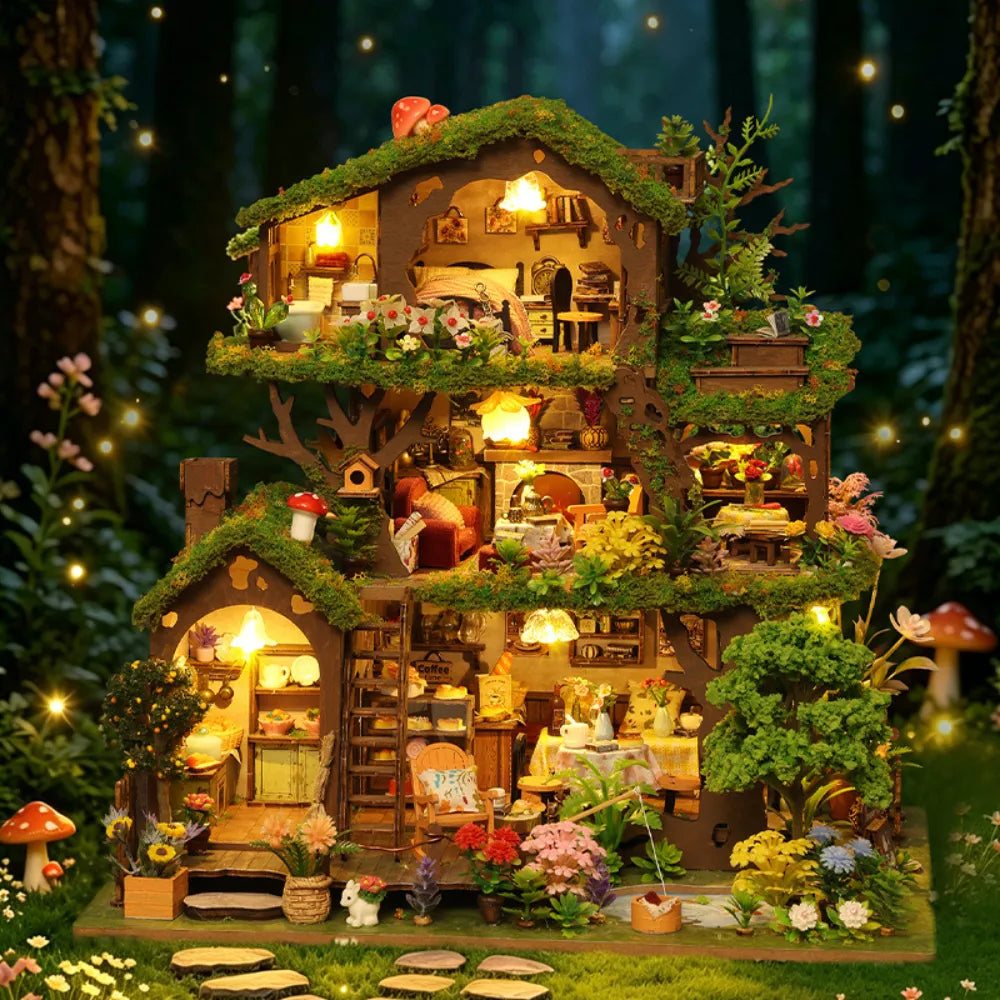 Time Treehouse green-roof edition with three levels of woodland rooms and warm lighting.
