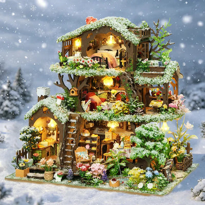 Time Treehouse snow-roof edition against a snowy forest backdrop.
