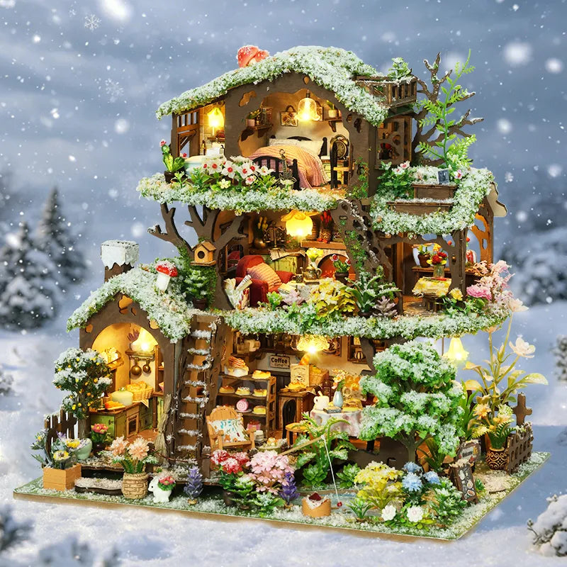Time Treehouse snow-roof edition against a snowy forest backdrop.