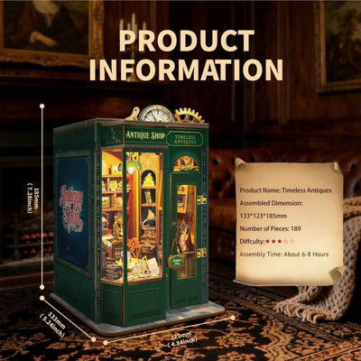Timeless Antiques specification card with finished dimensions.