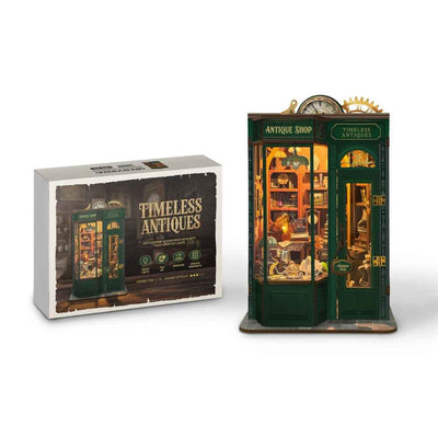 Timeless Antiques book nook beside its illustrated kit box.