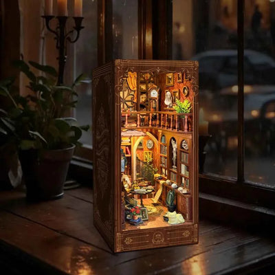 Timeworn Library book nook beside a window, with miniature bookshelves and warm-lit reading areas.