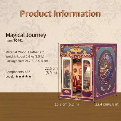 Magical Journey train cabin specification card with finished dimensions.