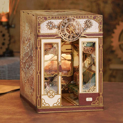Steam Fantasy train cabin with gear decorations, cream doors and a sepia landscape inside.