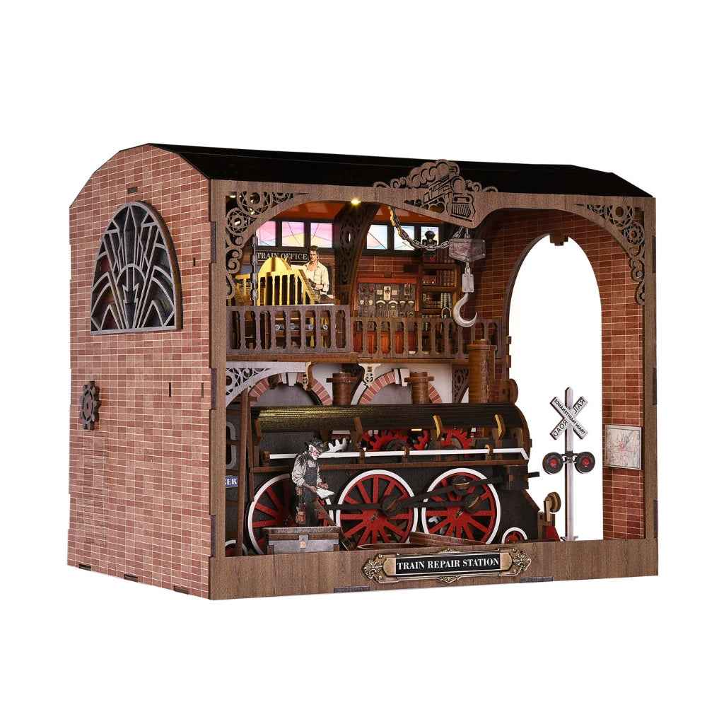 Angled Train Repair Station with brick-patterned walls and a large arched side opening.