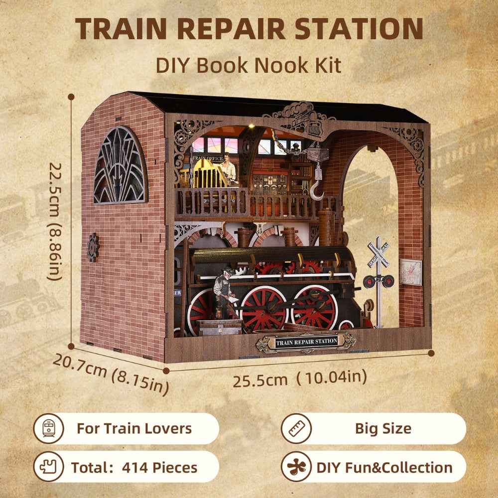 Train Repair Station dimension diagram showing the complete locomotive workshop.