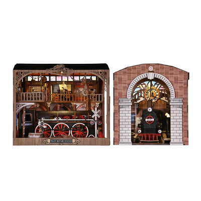 Train Repair Station from two angles, with its miniature locomotive pictured separately.