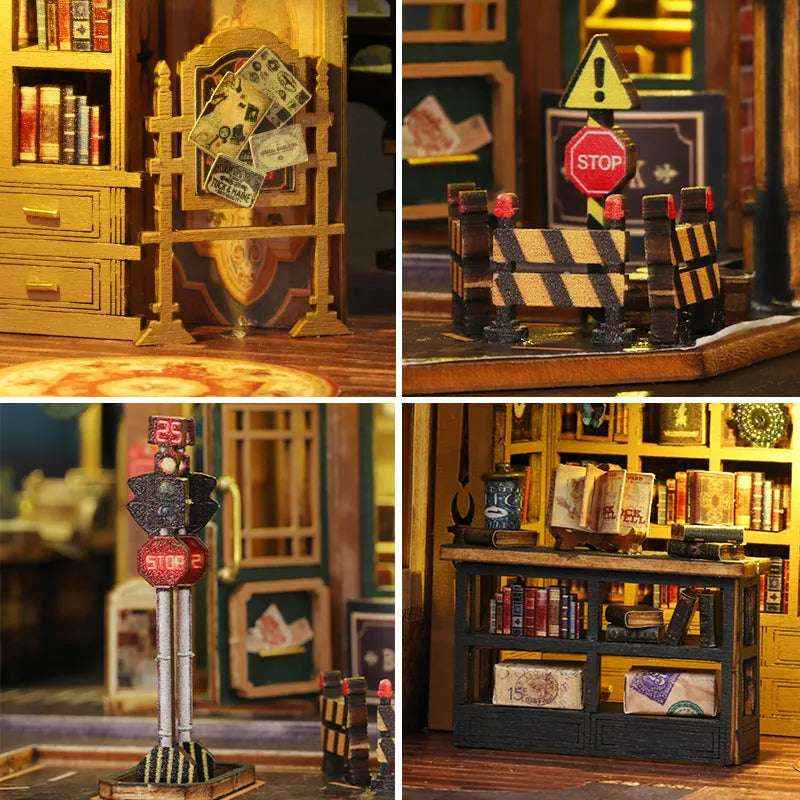 Twilight Book Haven detail collage with floating books, warning signs, a traffic light and shelves.
