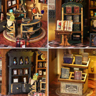 Twilight Book Haven details showing spiral display shelves, rolled maps and miniature books.