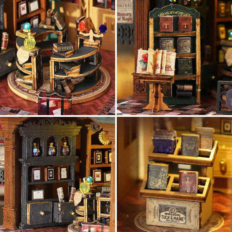 Twilight Book Haven details showing spiral display shelves, rolled maps and miniature books.