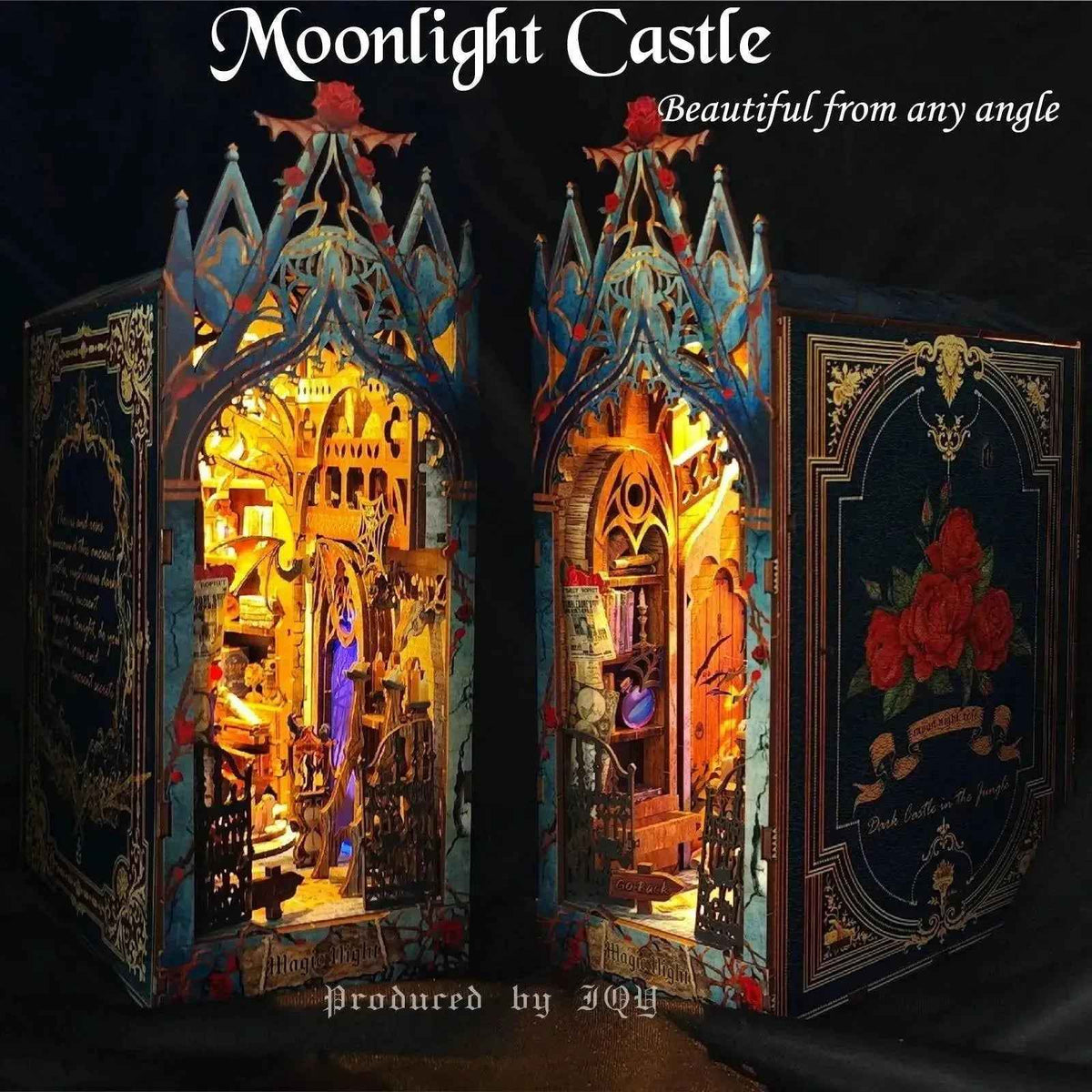 Twilight Castle shown from two angles, with pointed blue spires and an open illustrated cover.