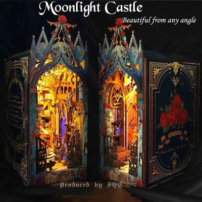 Twilight Castle shown from two angles, with pointed blue spires and an open illustrated cover.