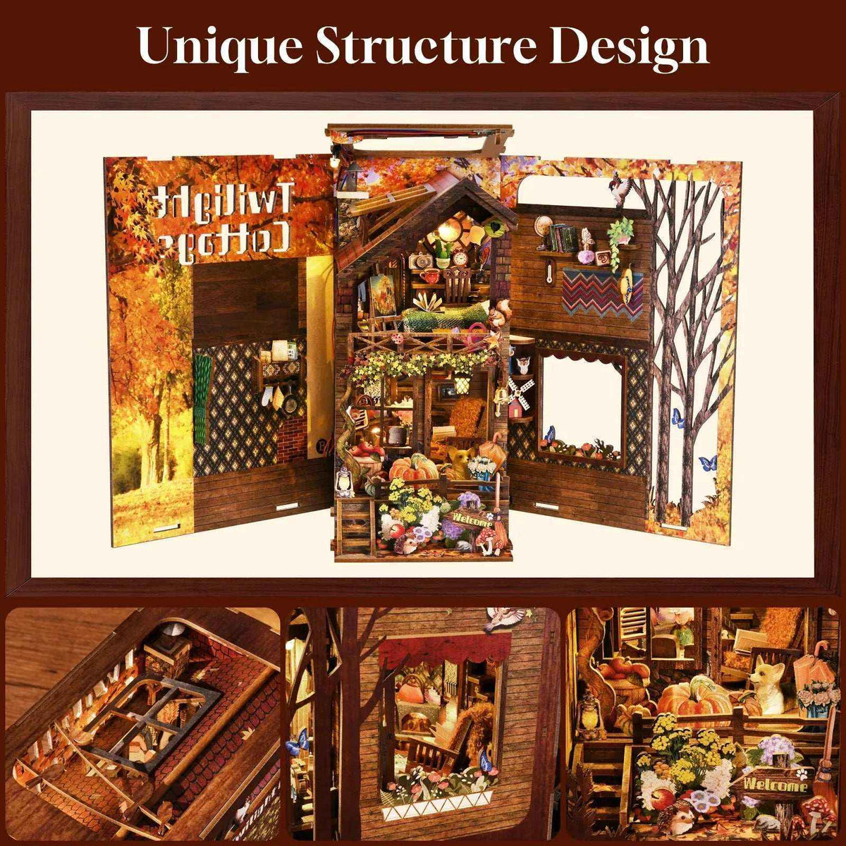 Twilight Cottage opened panels with close-ups of its miniature cottage interior.