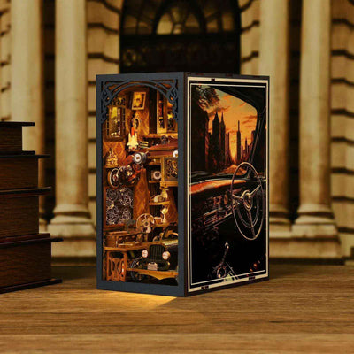 Vintage Motoring Memories book nook with a classic car illustration on its open cover.