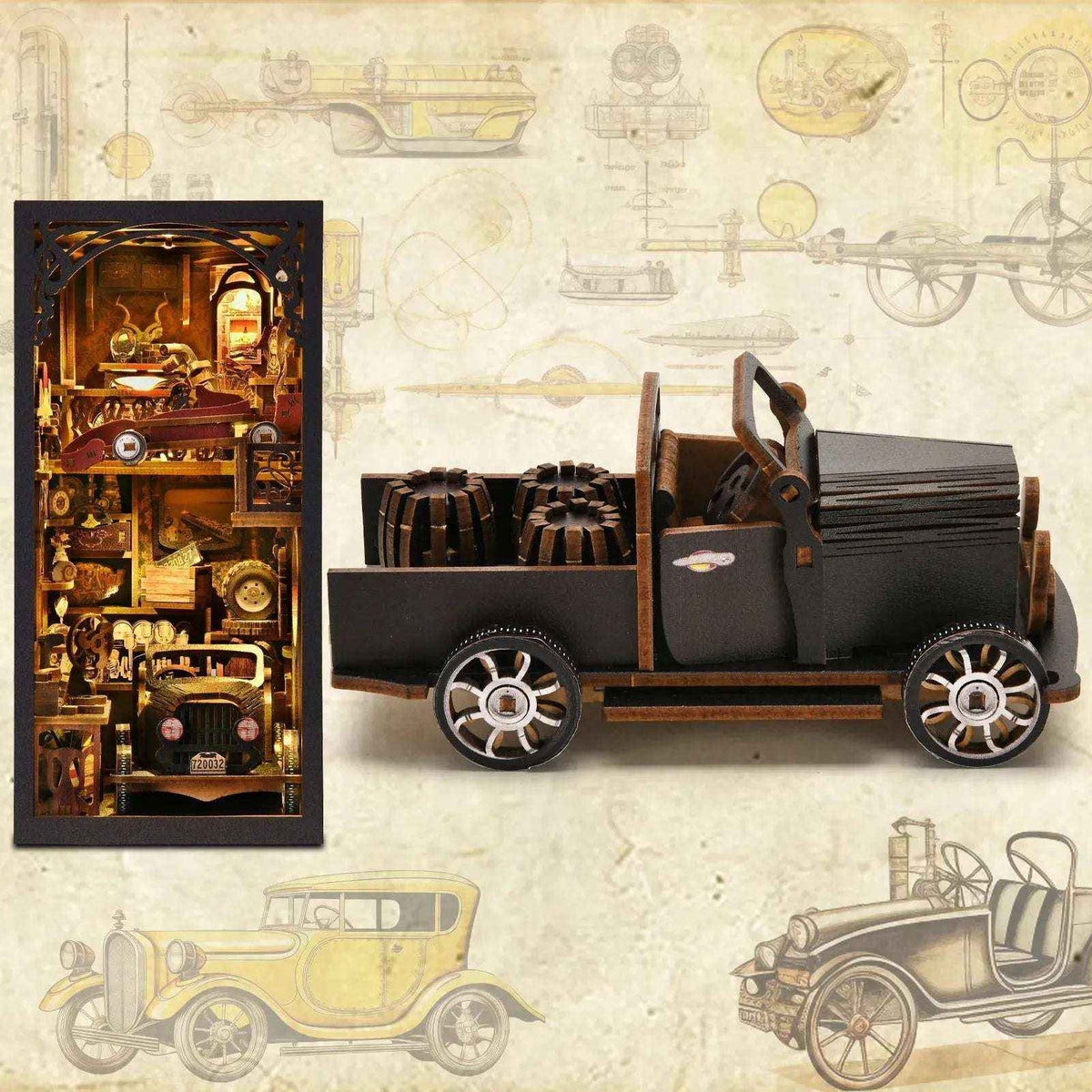 Vintage Motoring Memories book nook beside a close-up of its miniature open-top vintage car.