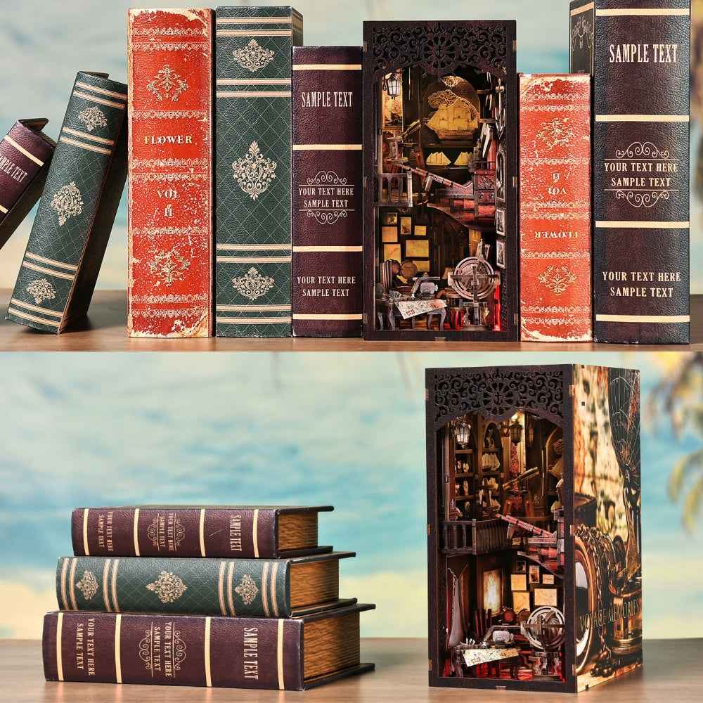 Voyage Memories nautical book nook displayed among books in two arrangements.