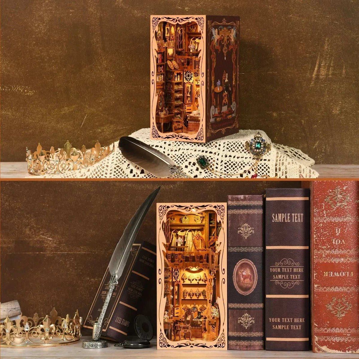 Wardrobe of Duchess book nook displayed with decorative crowns and between books.
