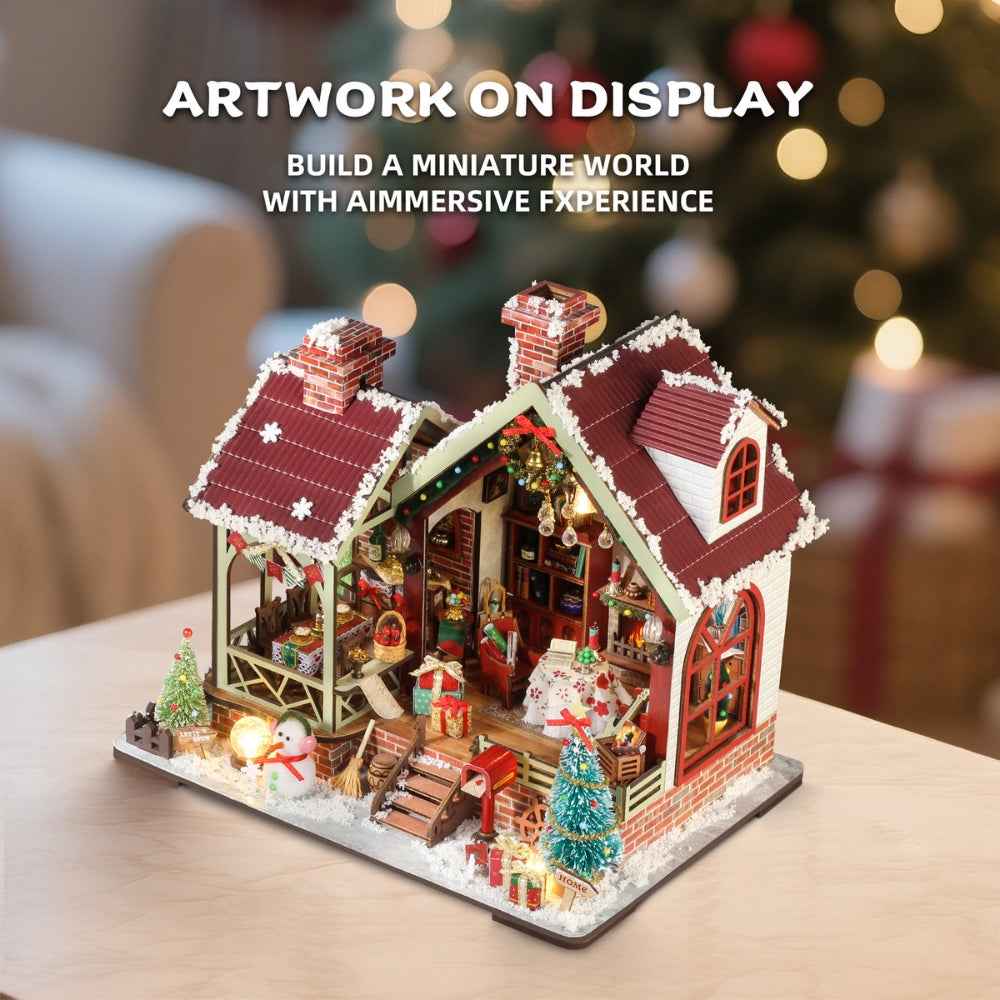 Angled Warm Christmas Lodge model displayed on a pale tabletop.