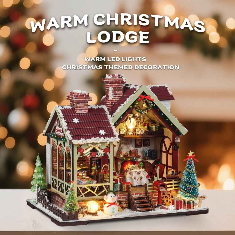 Warm Christmas Lodge showing its open front rooms and miniature snowman.