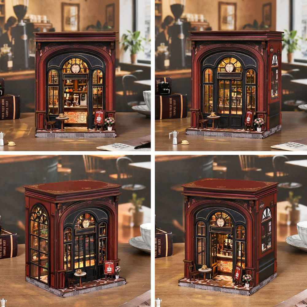 Warmglow Coffee shown from four angles, with its café doors open and closed.