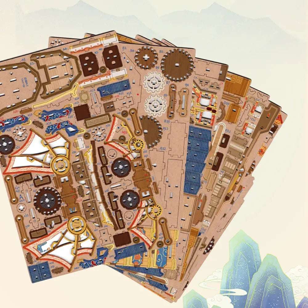 Wind Voyager pre-cut wooden component sheets arranged in a fan.