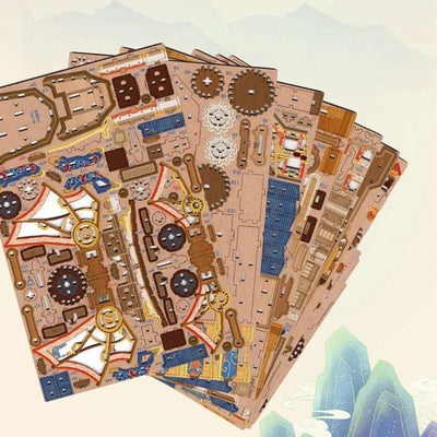 Wind Voyager pre-cut wooden component sheets arranged in a fan.