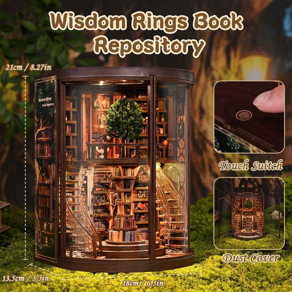 Wisdom Rings Books Repository dimension diagram with touch-switch and cover insets.