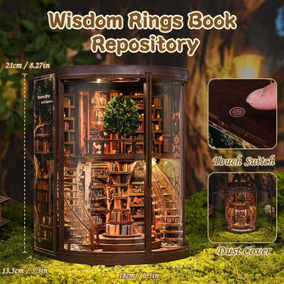 Wisdom Rings Books Repository dimension diagram with touch-switch and cover insets.