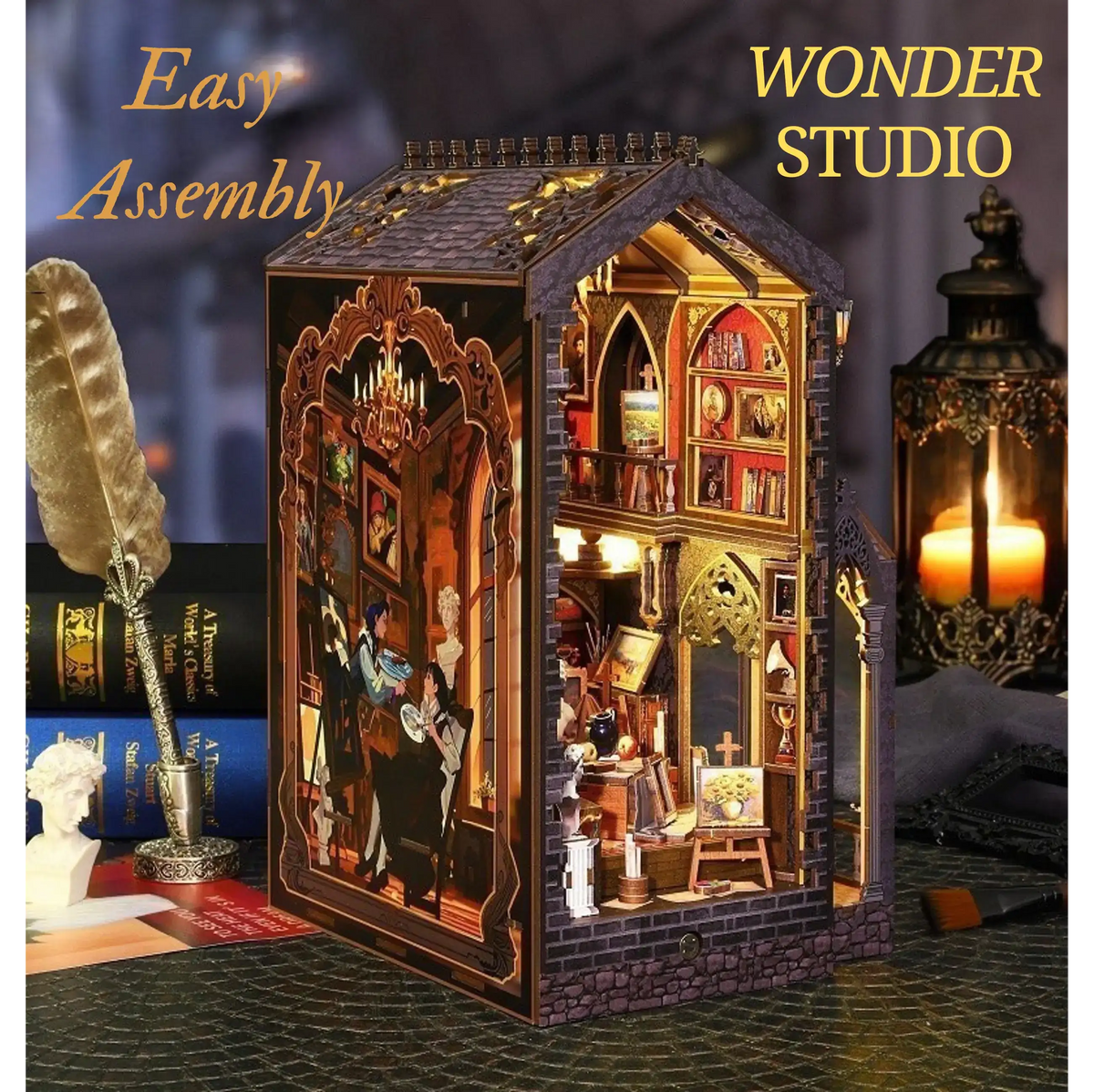 Angled Wonder Studio book nook showing a miniature two-level artist's studio.