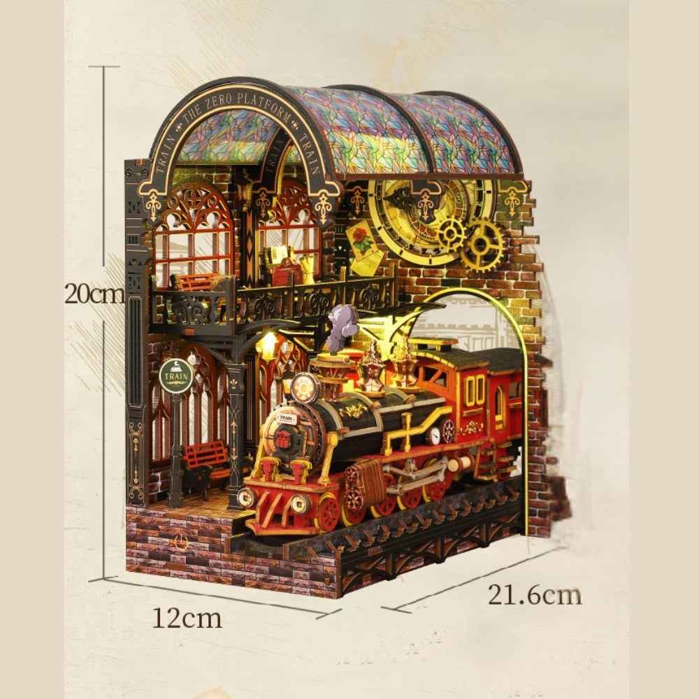 Zero Platform dimension diagram with the miniature locomotive and station arch.